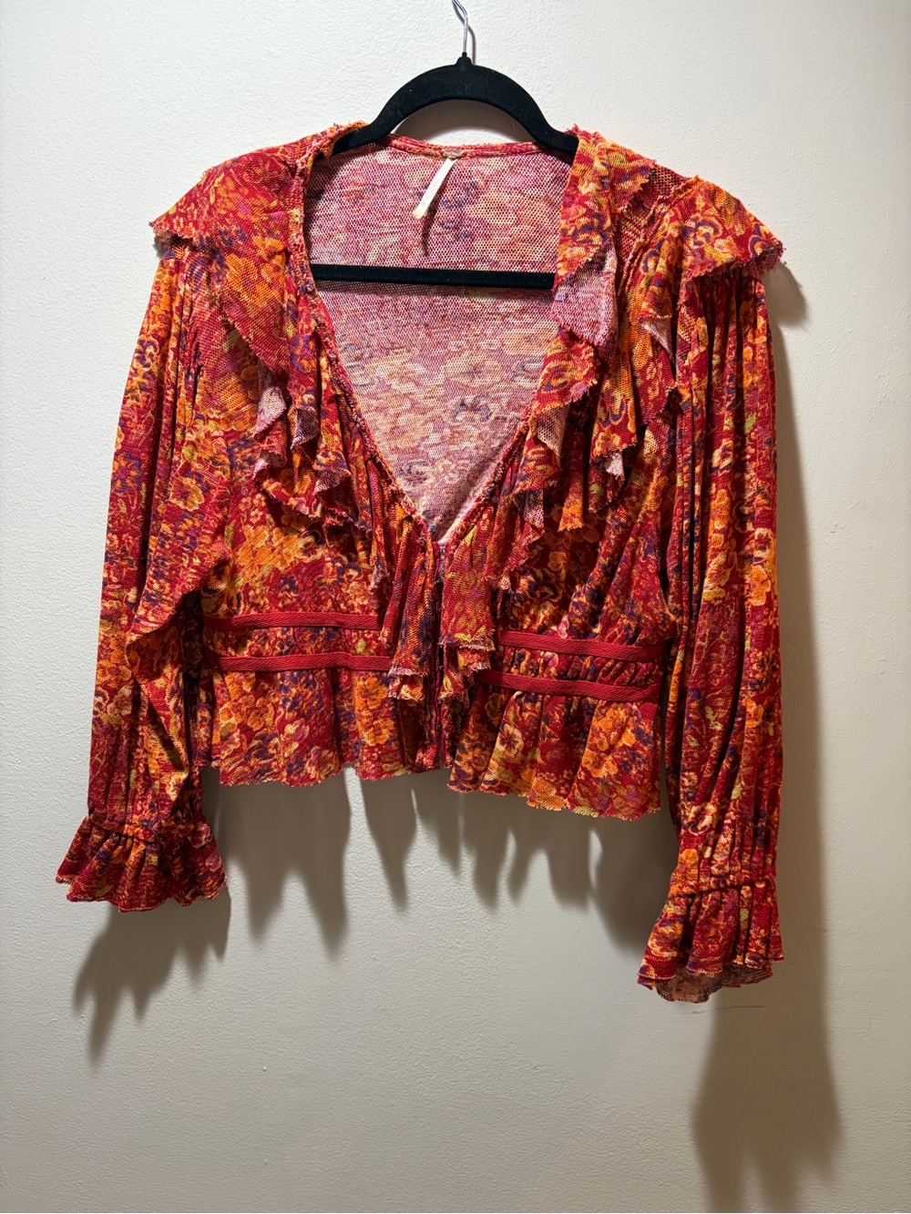 Free People. Women's Red Orange Floral Ruffle Blouse